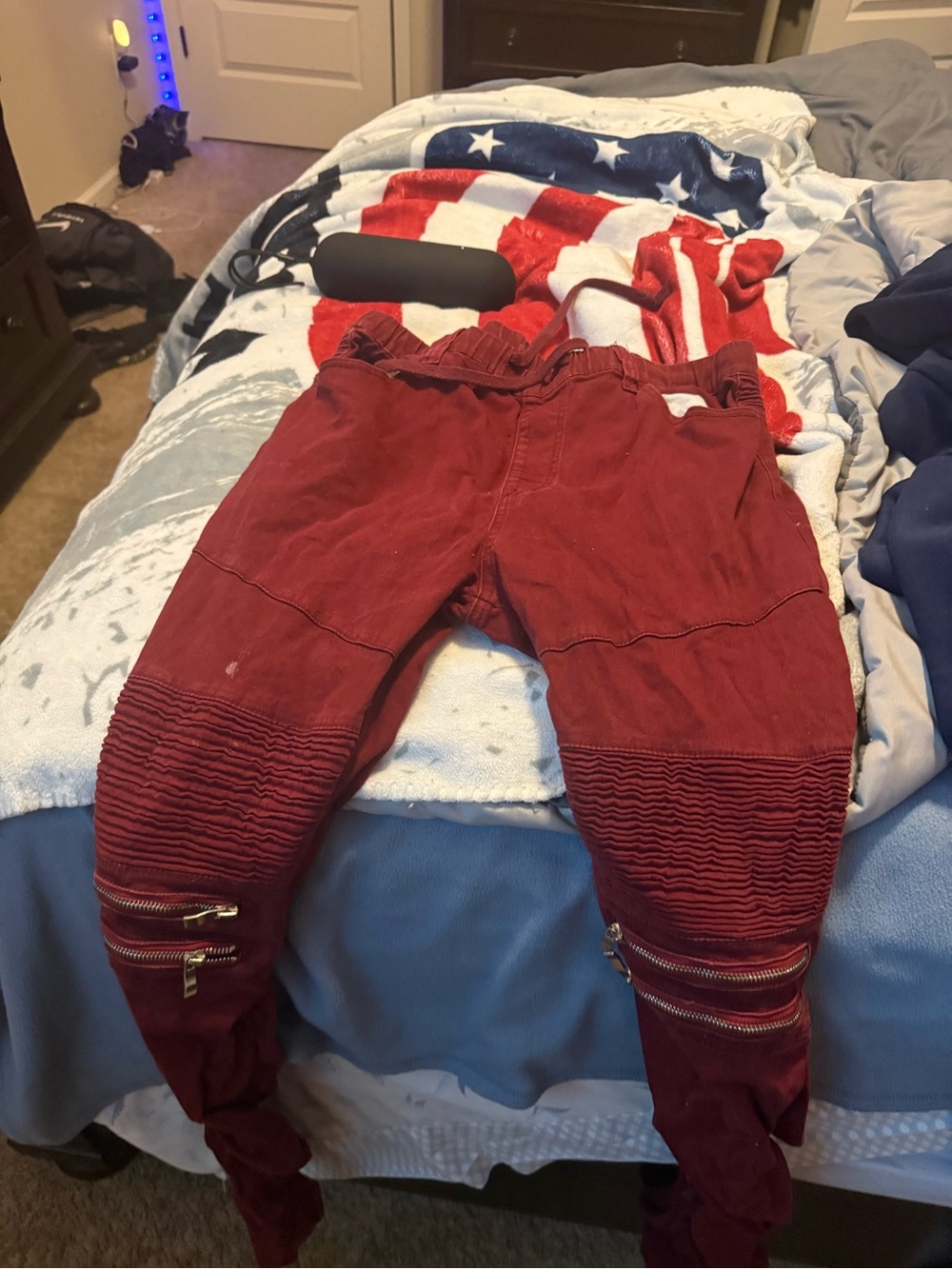 Men's Red Moto-Style Joggers with Zipper Accents